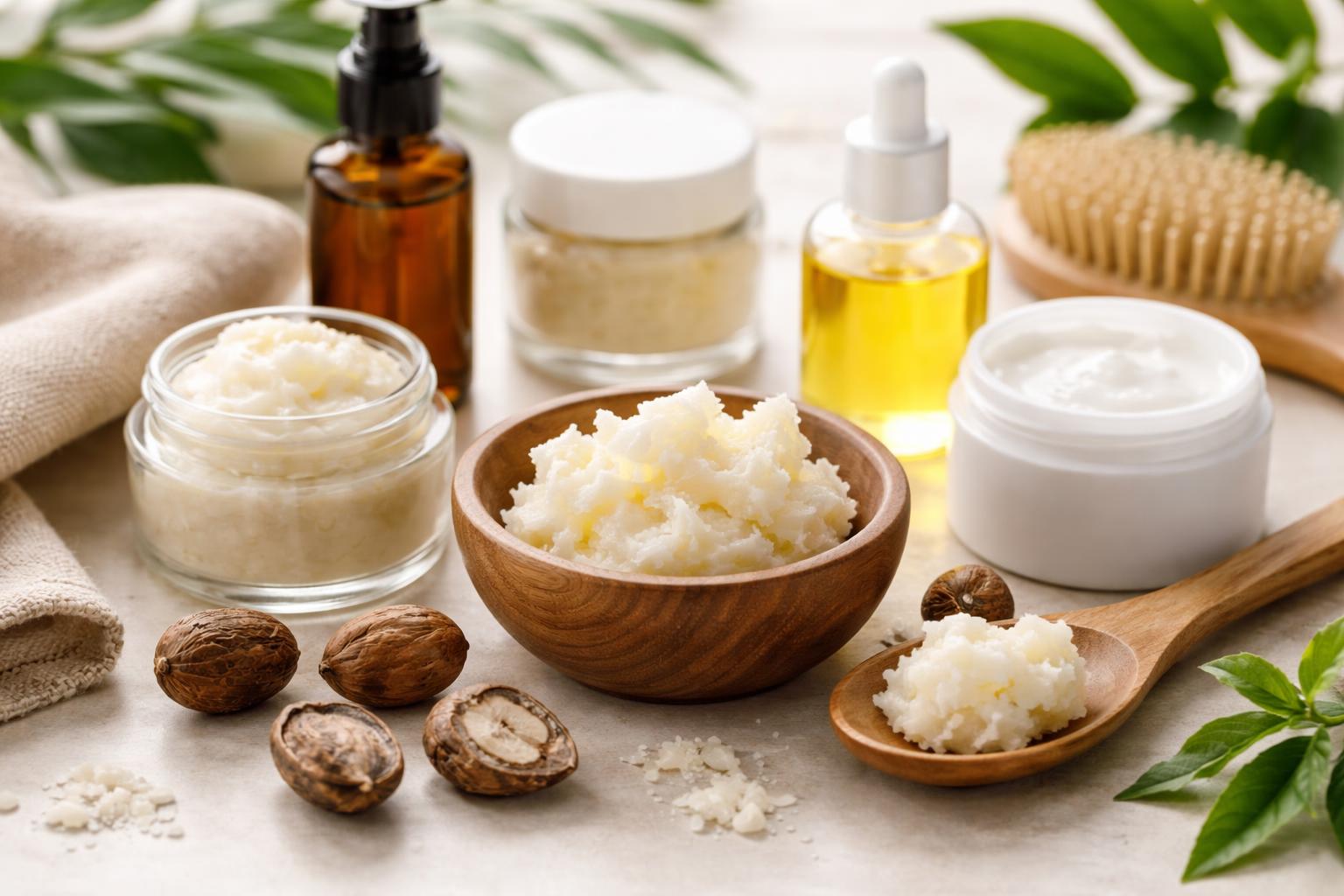 Баночки с маслом ши и косметические средства для ухода за кожей и волосами